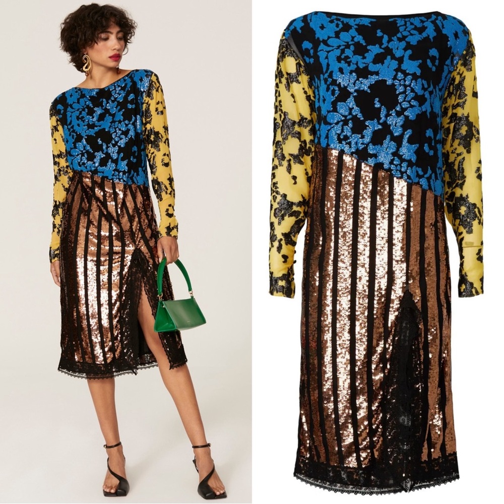 Rachel Comey Blue, Yellow & Brown Sequin Midi Dress